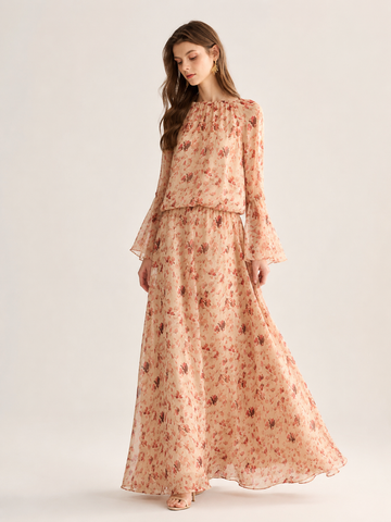 Delicate floral print and elegant lantern-sleeved chiffon dress