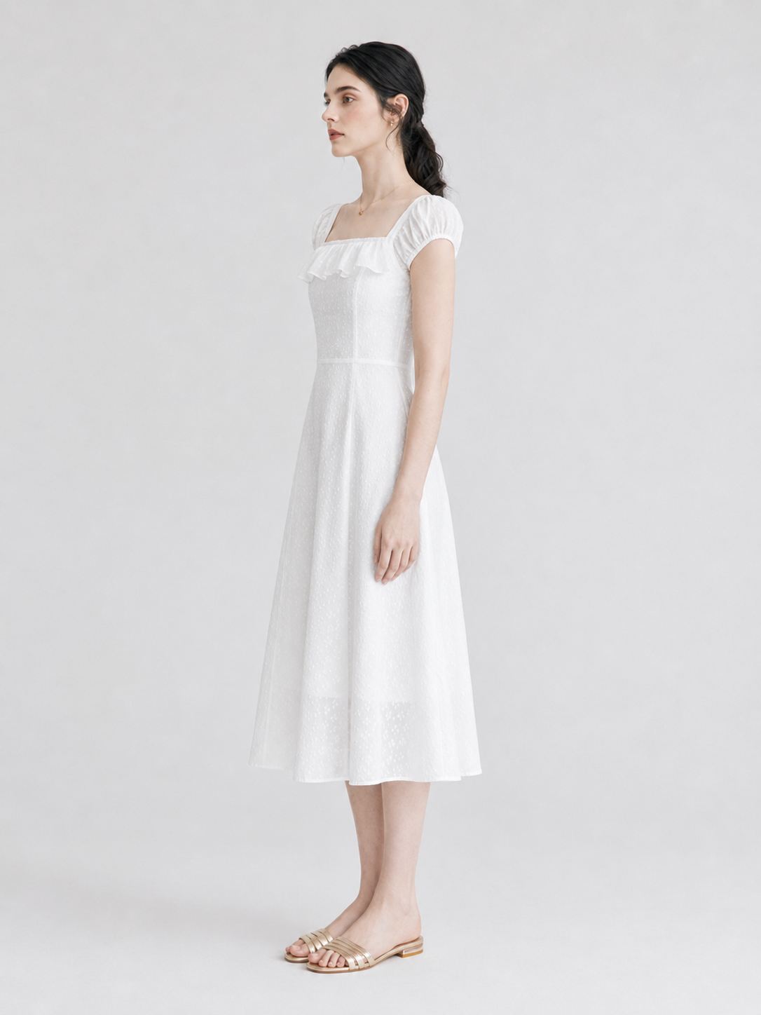 White Cotton Embroidery Off-Shoulder Midi Dress
