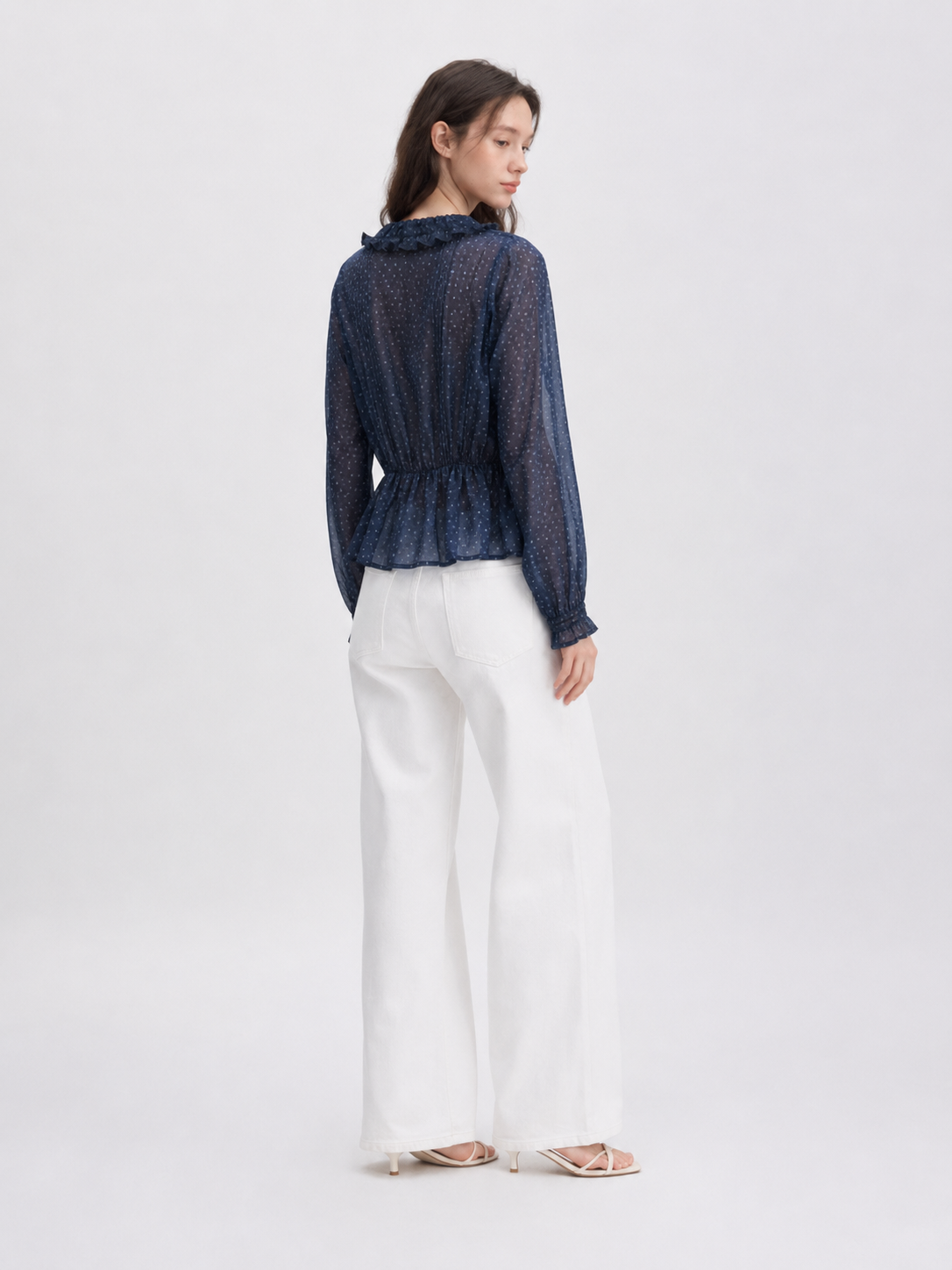 Dark blue sheer chiffon long-sleeved shirt