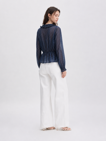 Dark blue sheer chiffon long-sleeved shirt