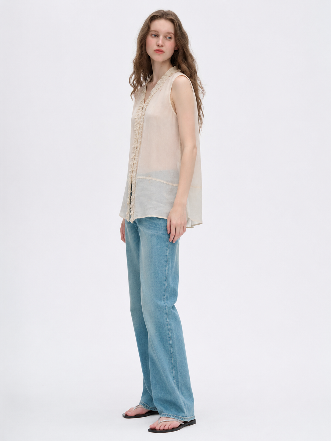 Off-white French-style ruffled V-neck sleeveless sheer vest
