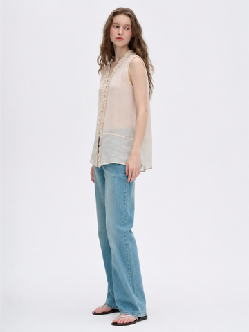 Off-white French-style ruffled V-neck sleeveless sheer vest