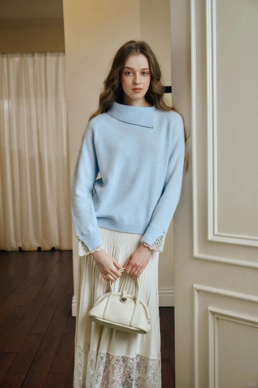 Asymmetric Collar Lace Cuff Knit Sweater