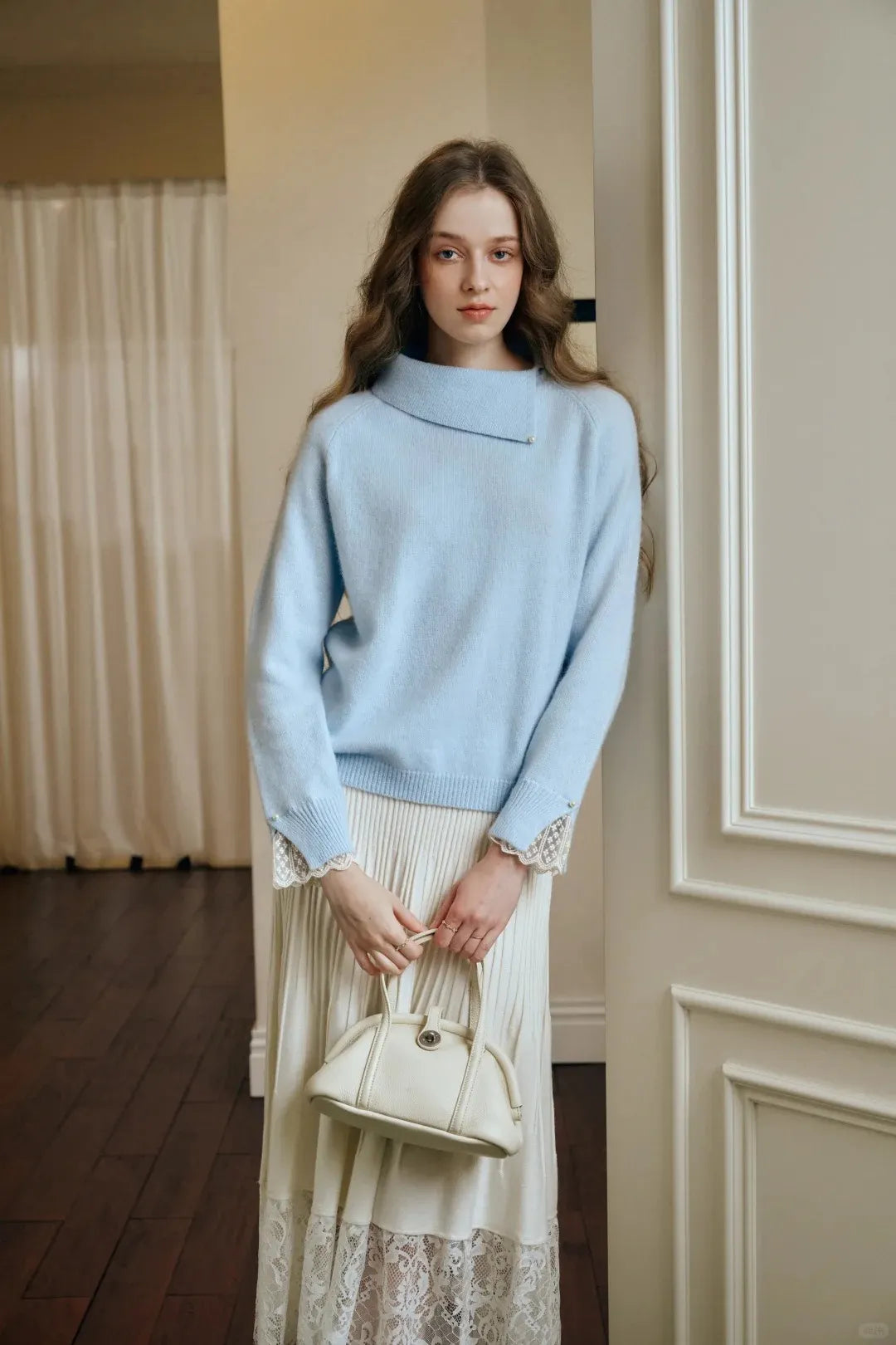 Asymmetric Collar Lace Cuff Knit Sweater