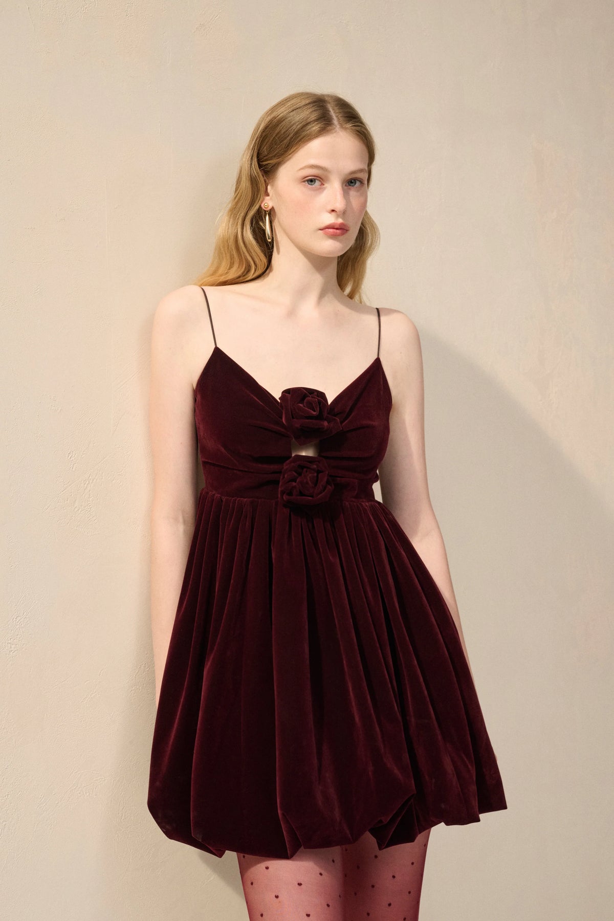 Velvet spaghetti strap rosette dress
