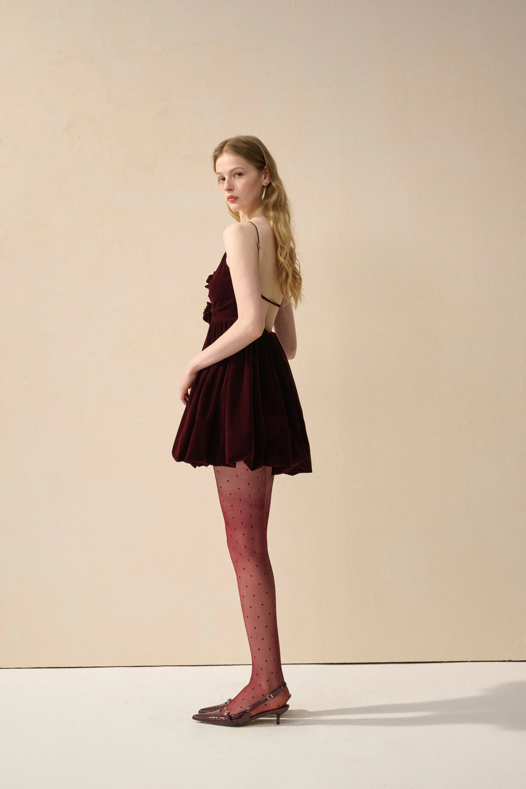 Velvet spaghetti strap rosette dress