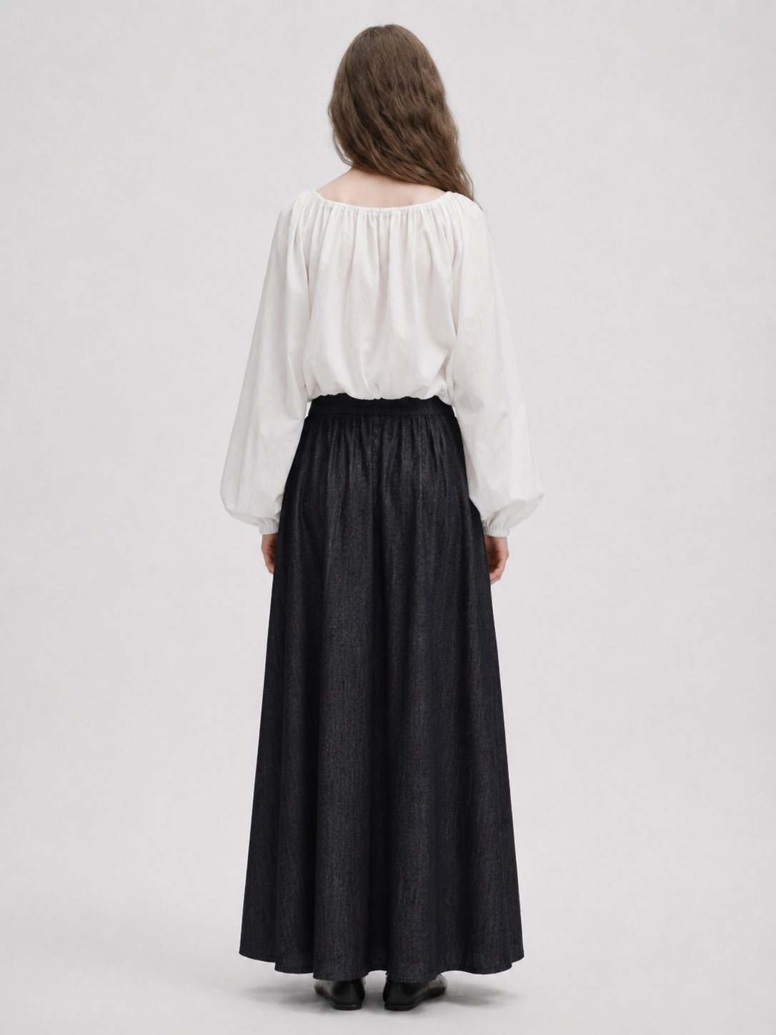 White drawstring collar lantern sleeve casual shirt