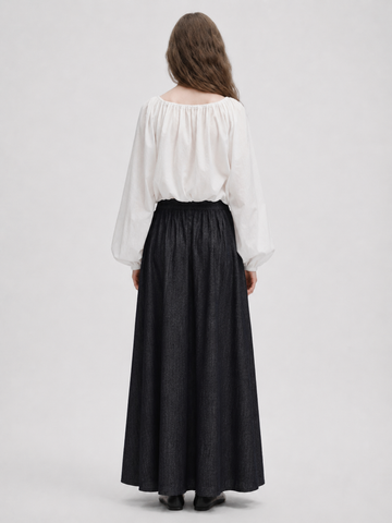 White drawstring collar lantern sleeve casual shirt