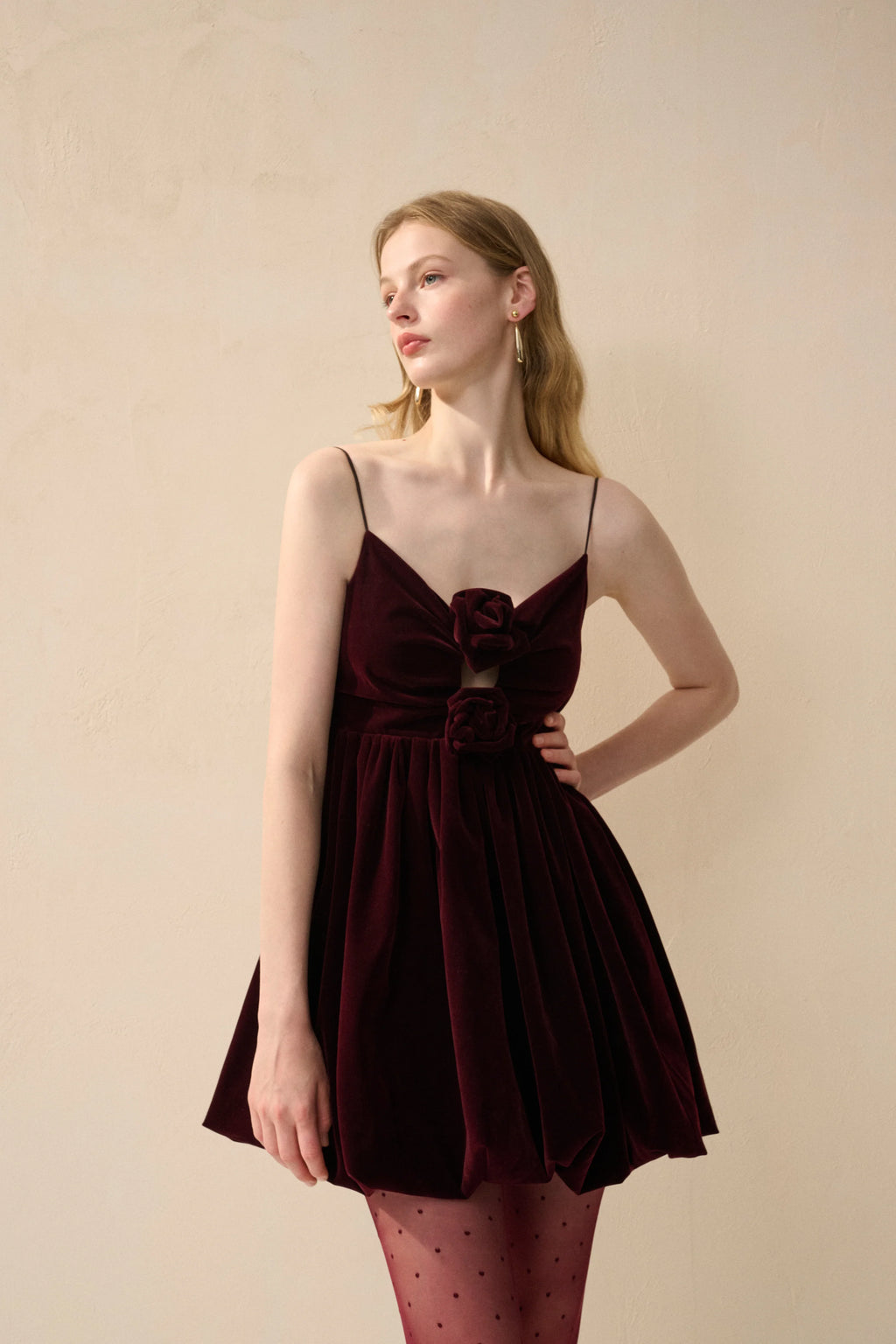 Velvet spaghetti strap rosette dress