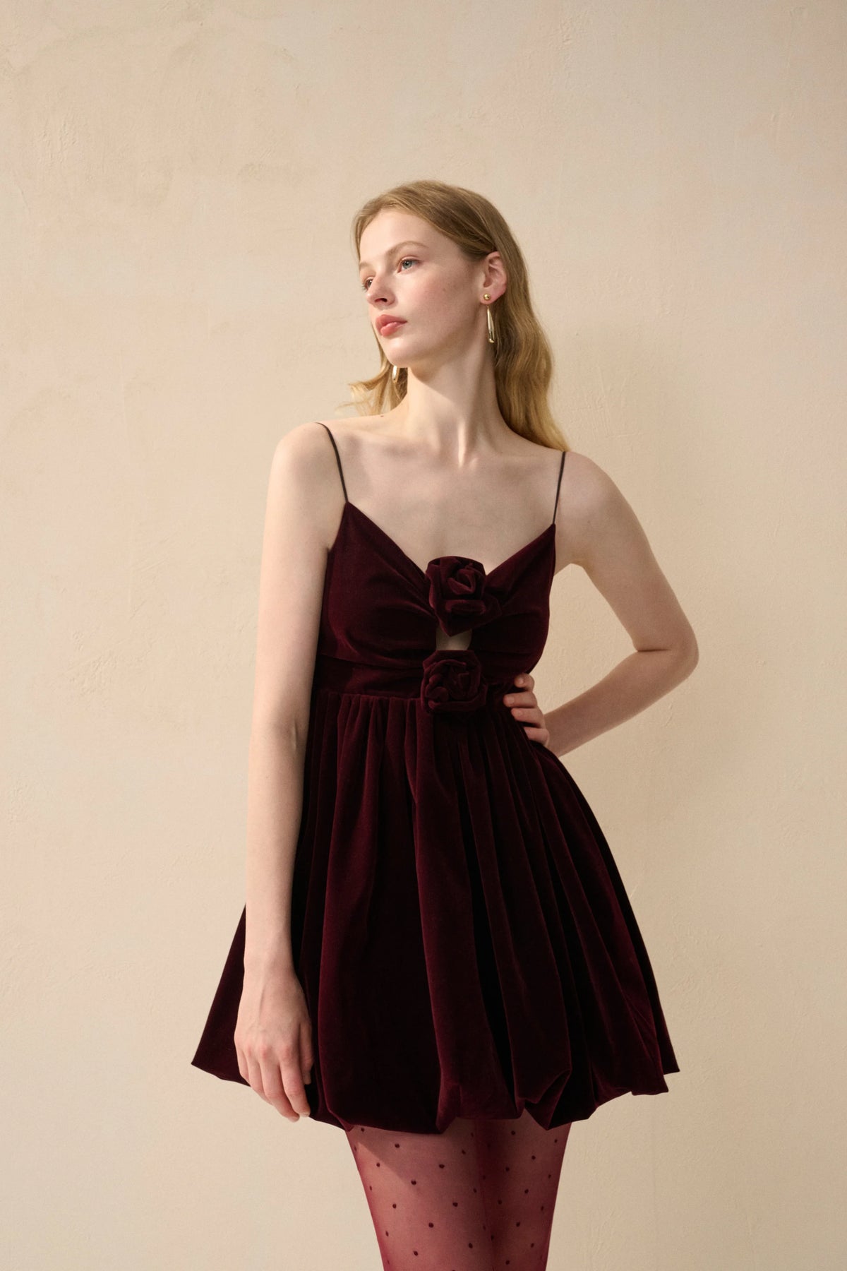 Velvet spaghetti strap rosette dress