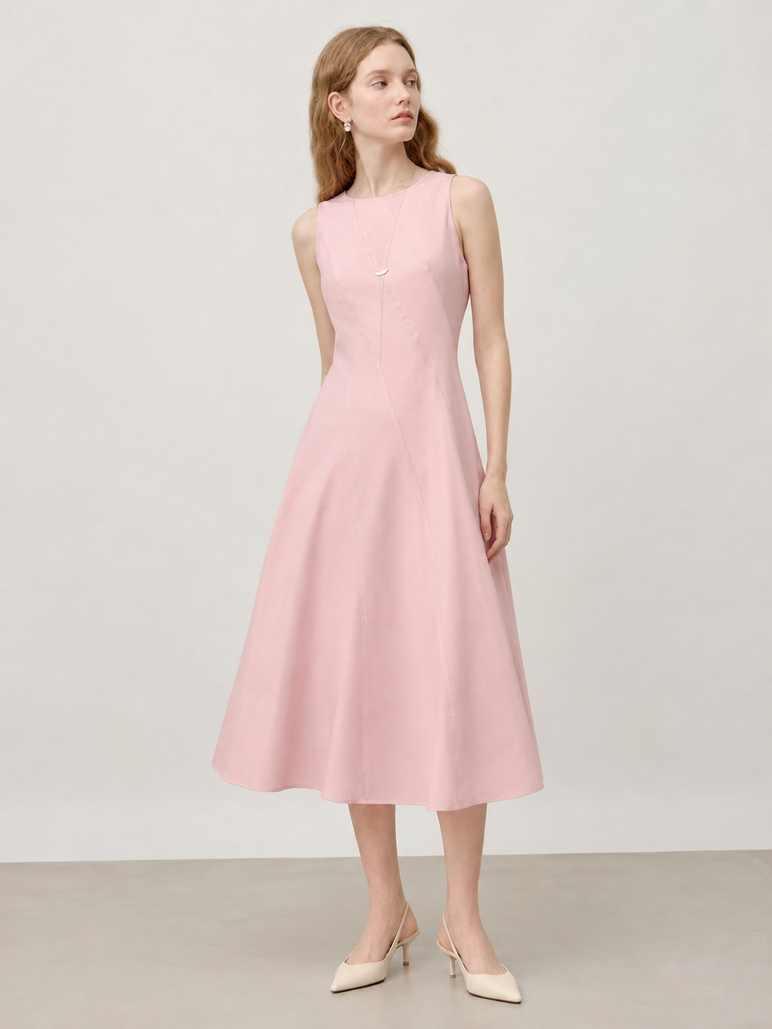 Pink sleeveless A-line midi dress
