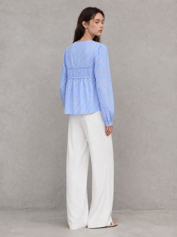Light blue plaid V-neck long-sleeved top with front tie details