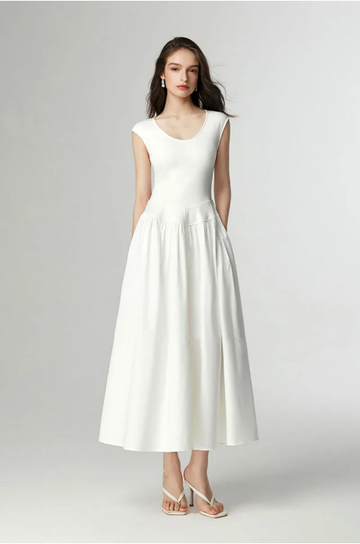 White Fit & Flare Cap-Sleeve Scoop-Neck Midi Dress