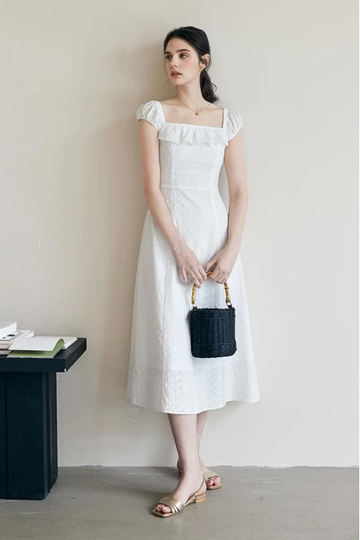 White Cotton Embroidery Off-Shoulder Midi Dress
