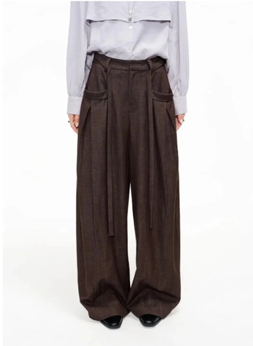 Dark brown wide-leg trousers with front pleats and a draped waistband