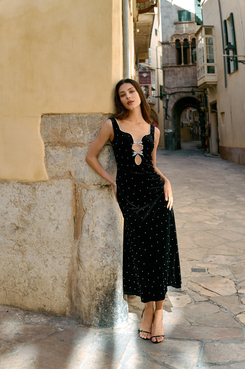Pearl-dot cutout velvet dress