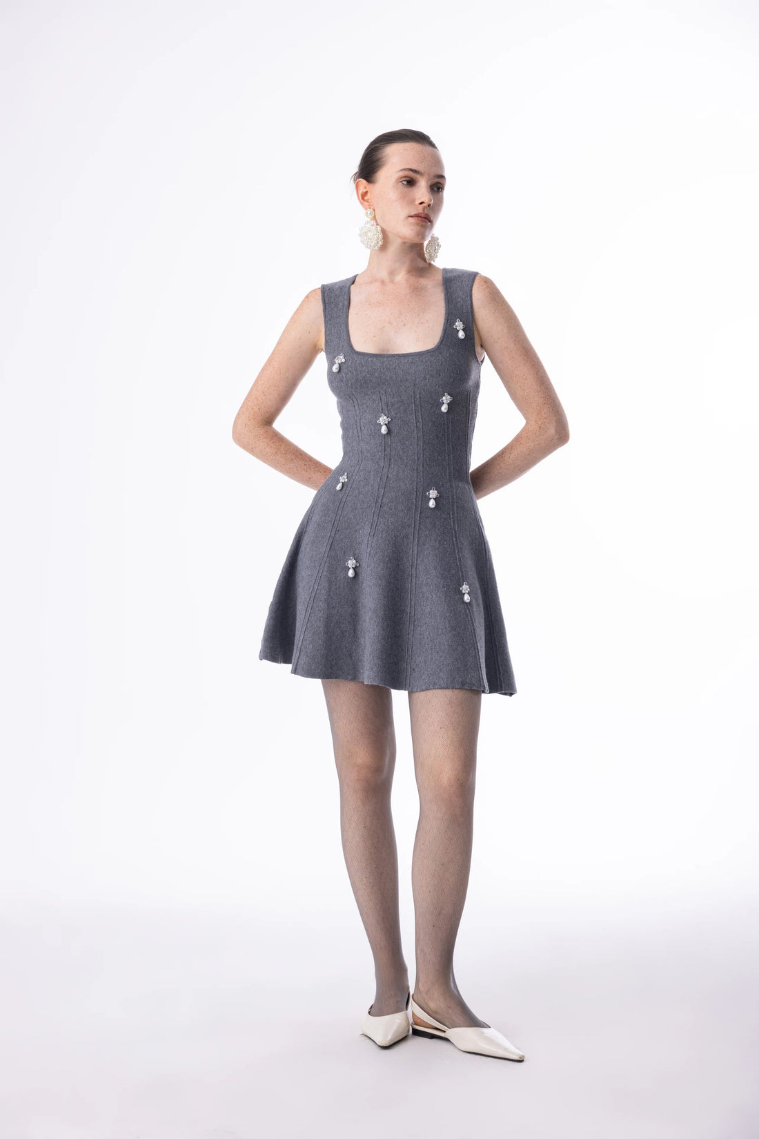 Square neck pearl knit dress