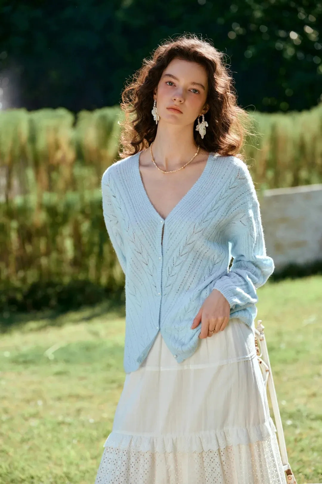 Light Blue Openwork Knit Cardigan