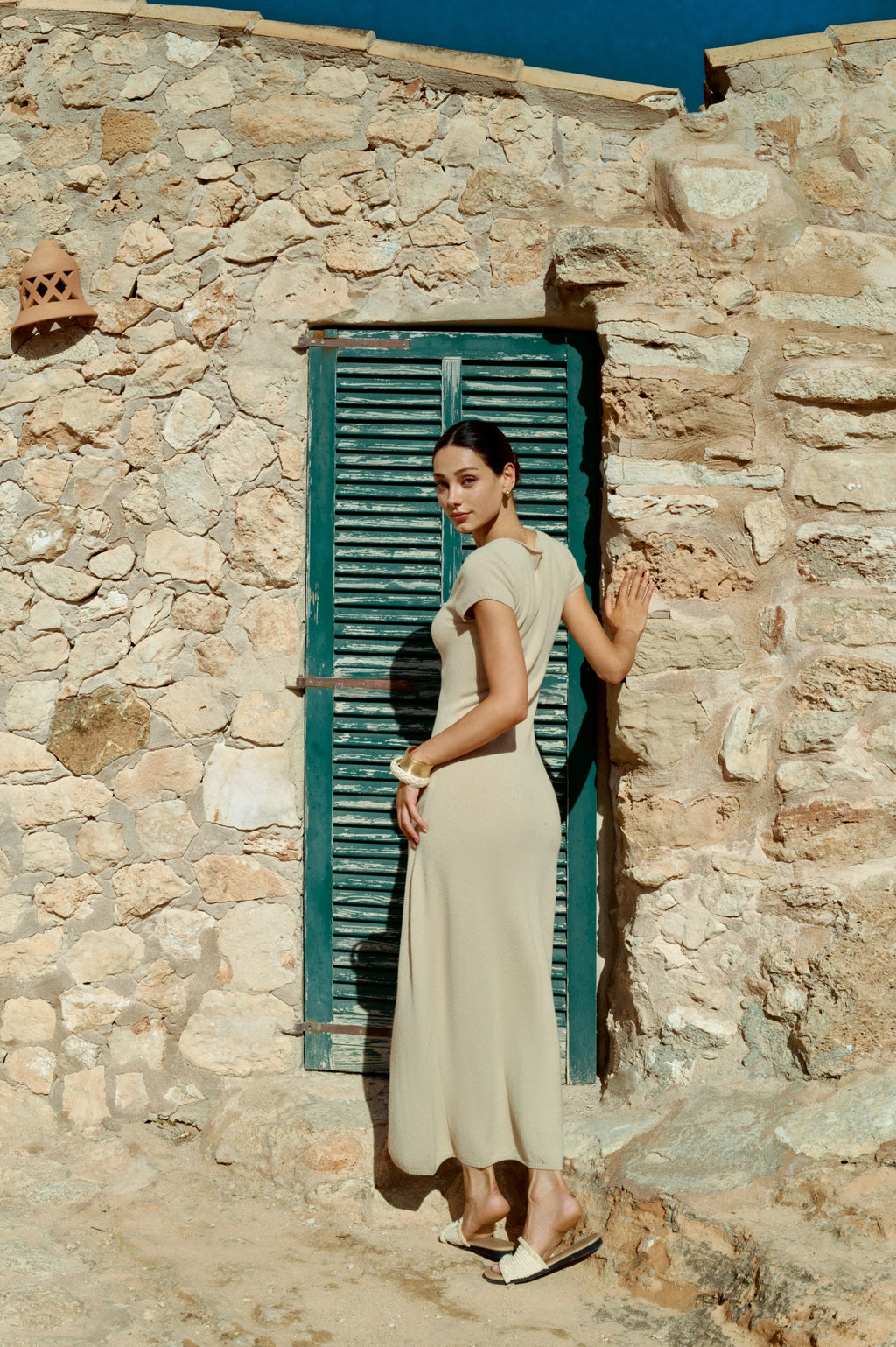 Plunging V neck wool dress