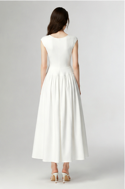 White Fit & Flare Cap-Sleeve Scoop-Neck Midi Dress